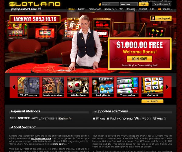 New updated homepage for Slotland Casino