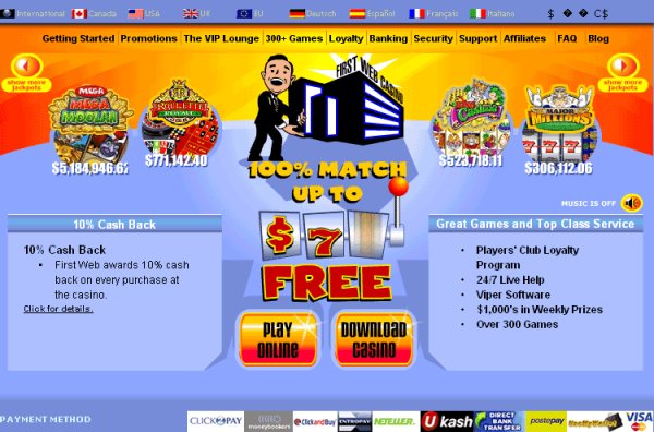 First Web Casino home page screen capture.