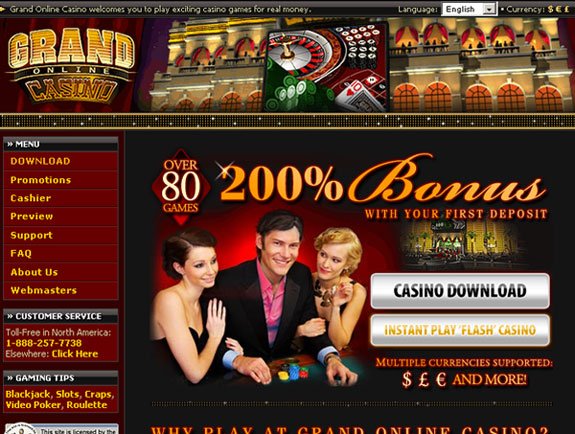 Recent screenshot of Grand Online Casino home page