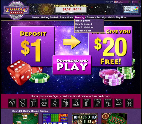 Screenshot: Zodiac Casino home page