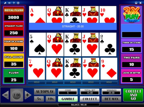 3x Play Video Poker Game Draw