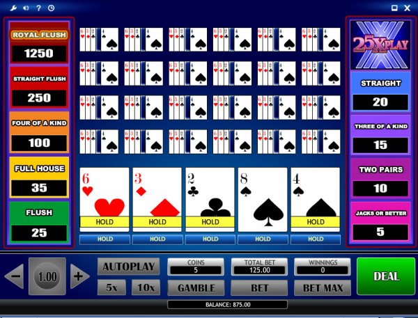 25x Play Video Poker Game Bet Max