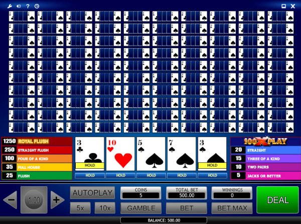 100x Play Straight Video Poker Initial Deal