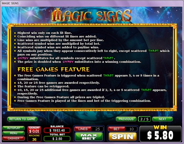 Magic Signs Slots Pay Table