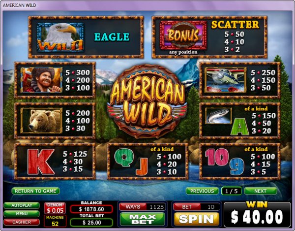 American Wild Slots Pay Table