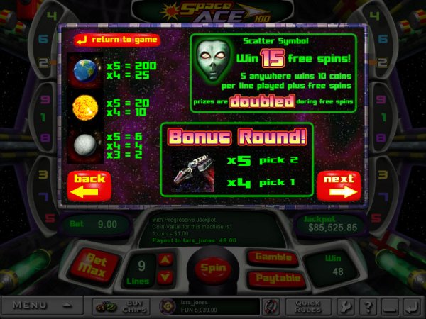 Space Ace 100 Slots Features