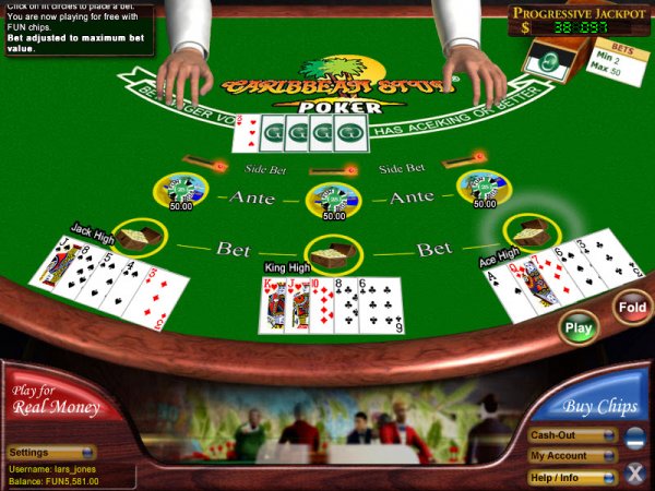 Caribbean Stud Poker 3 Hands in Play