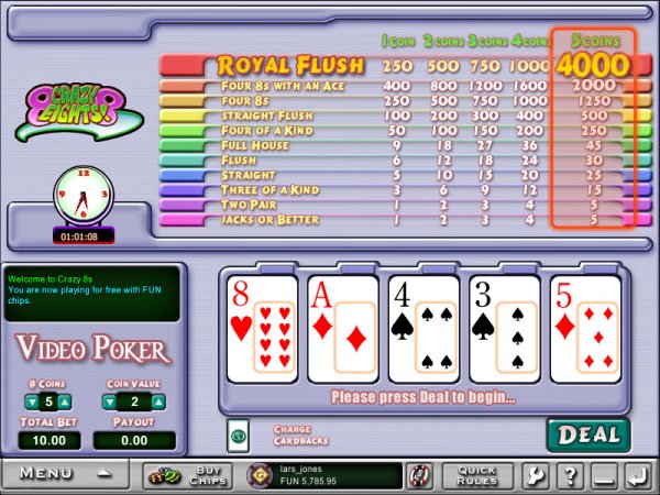 Crazy 8s Video Poker Game Results