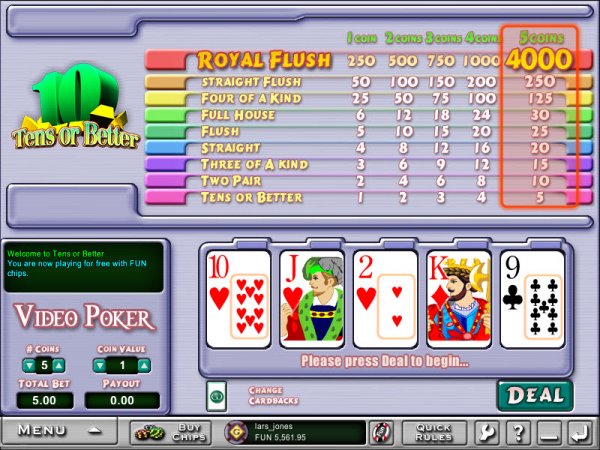 Tens or Better Video Poker Game Screen