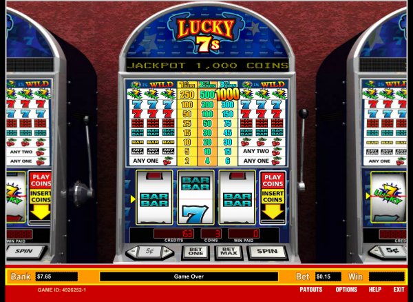 Lucky 7's 1 Line Slots Game and Pay Table