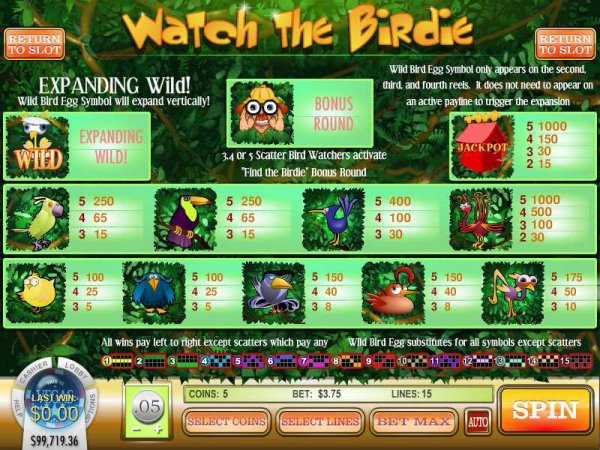 The bonus game in Watch the Birdie video slots