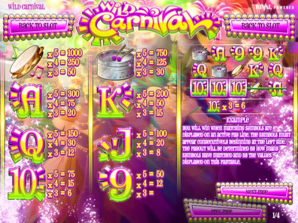 Wild Carnival Slots Pay Table