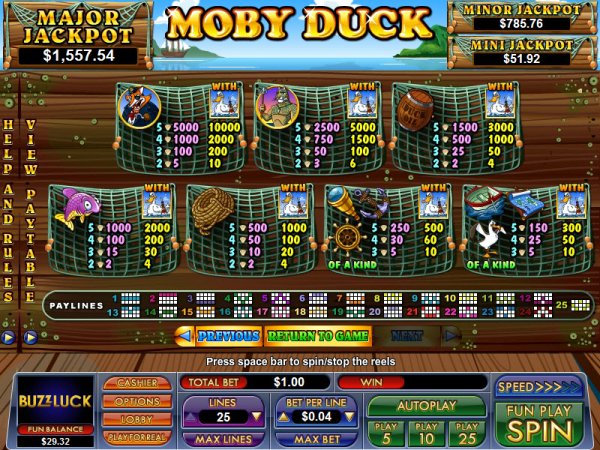 Moby Duck Slots Pay Table