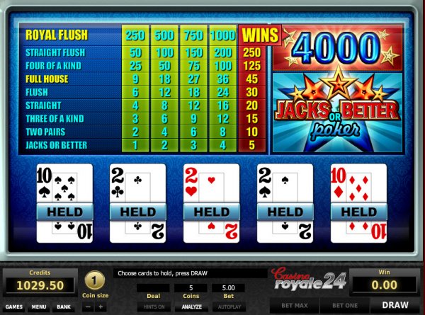 Jacks or Better Video Poker Game Win