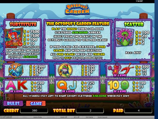 Octopus's Garden Slots Pay Table