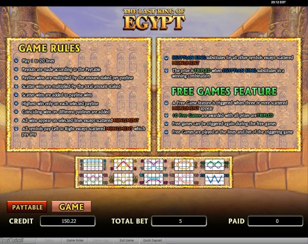 The Last King of Egypt Slots Rules