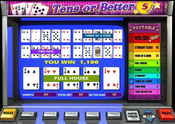 Tens or Better 5 Hand  Video Poker Win