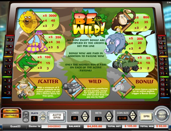 Be Wild! Slots Pay Table