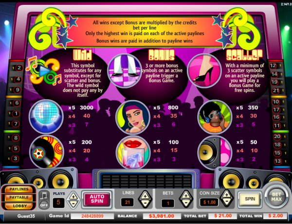 Disco Fever Slots Pay Table