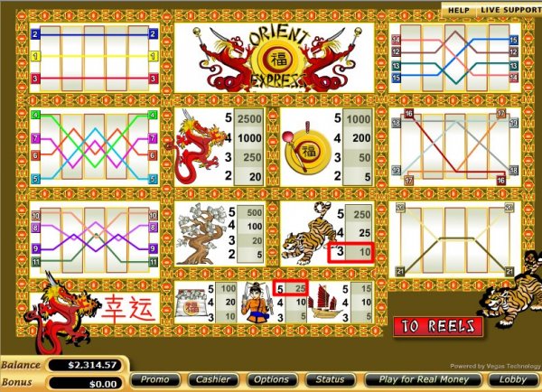 Screenshot of the paytable from the video slot machine 'Orient Express'