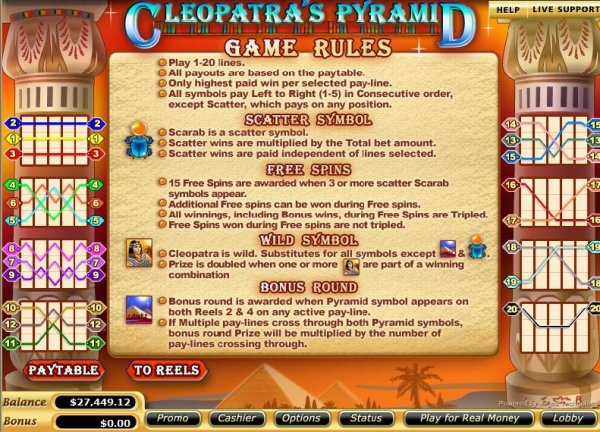 Rules image of Cleopatra's Pyramid slot game.