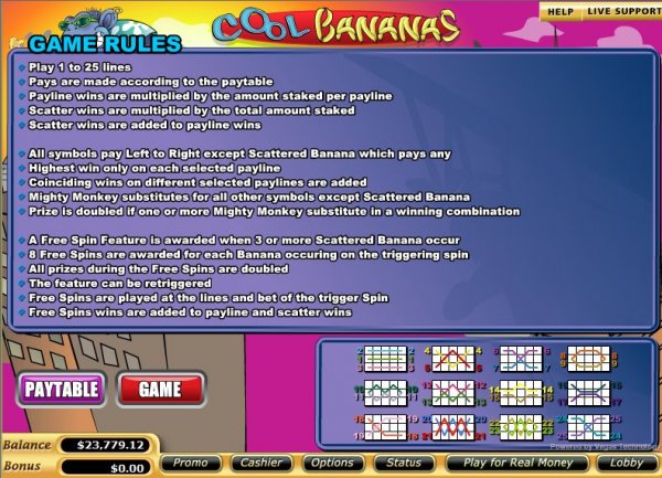 Rules for Cool Bananas Video Slot Machine