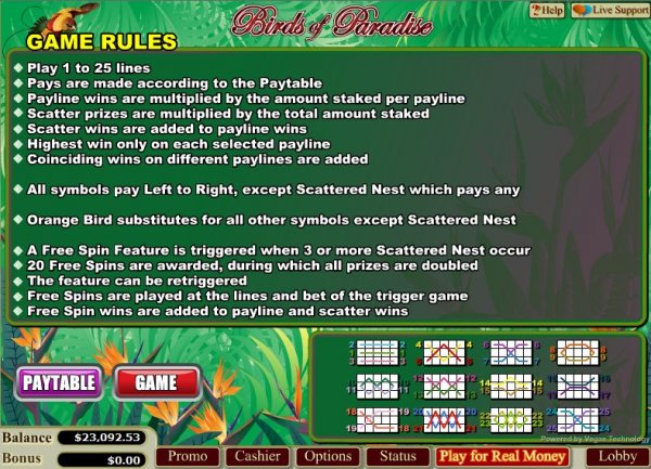 Birds of Paradise video slot rules