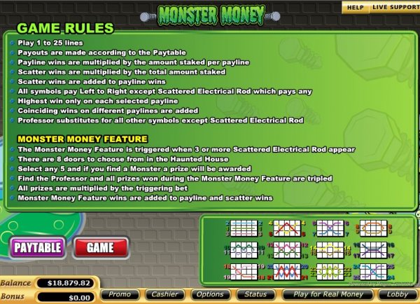 Rules for Monster Money Slots by Vegas Technology
