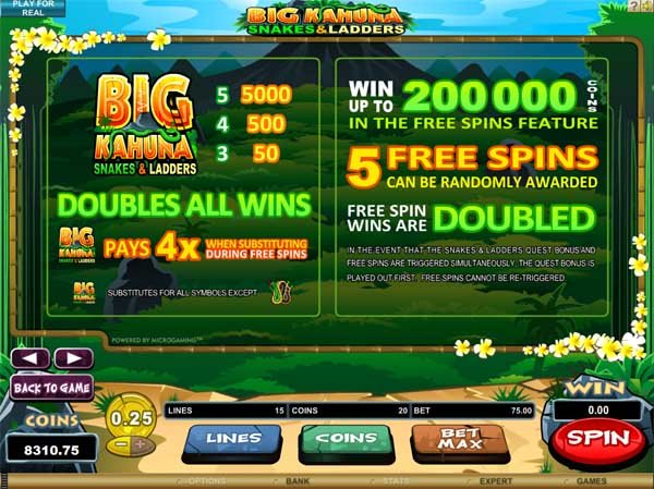 Paytable for Big Kahuna Snakes & Ladders Slots from Microgaming