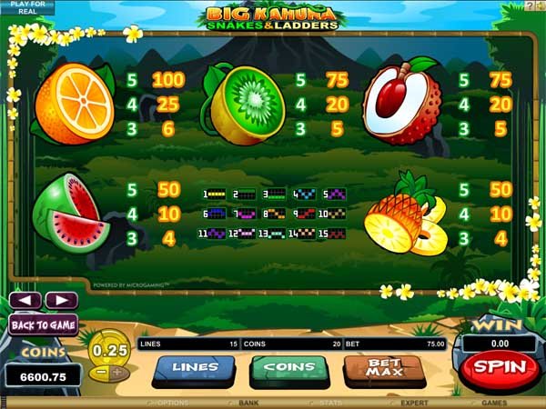 Paytable for Big Kahuna Snakes & Ladders Slots from Microgaming