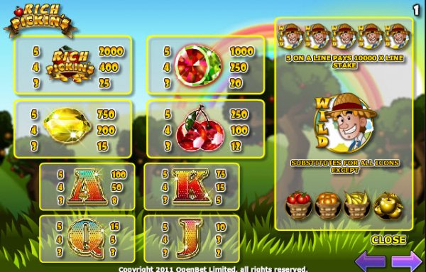 Rich Pickin'$ Slot Pay Table
