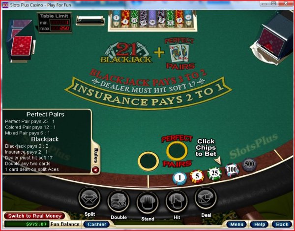 Rules/Paytable of Perfect Pairs Blackjack by RealTime Gaming