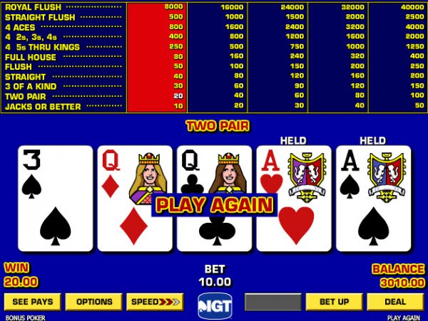 Video Poker Odds Chart