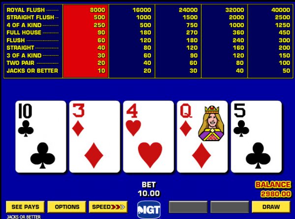 Video Poker Jacks Or Better Pay Table