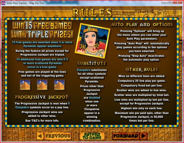 Rules of Jackpot Cleopatra's Gold from RealTime Gaming