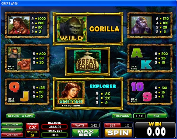 Great Apes Slot Pay Table