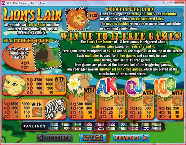 Paytable from Lion's Lair Slots by RealTime Gaming