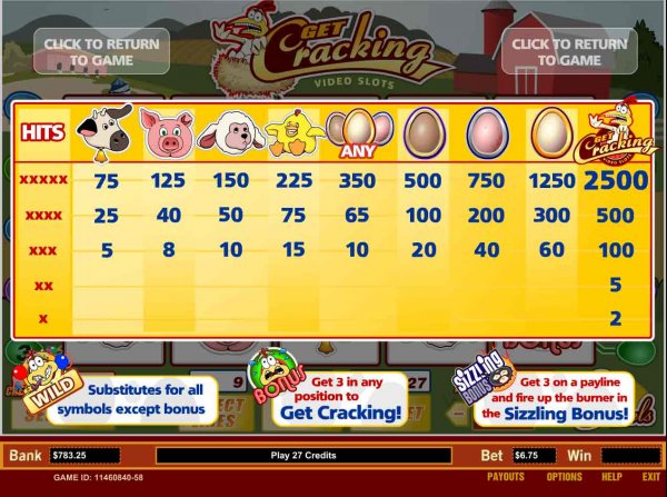 Paytable from Get Cracking Slots