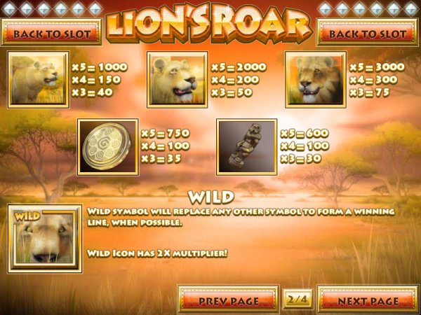 Lion's Roar Slot Pay Table