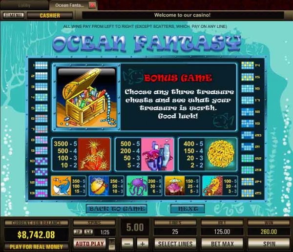 Paytable Page 1 for Ocean Fantasy Slots from Net Entertainment.