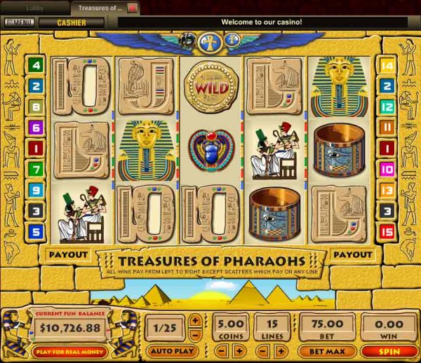 Screenshot of Treasures of Pharaohs Slots from Net Entertainment.