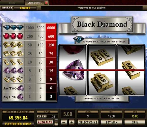 Screenshot of 1 payline Black Diamond Slots (3 reel) from Top Game