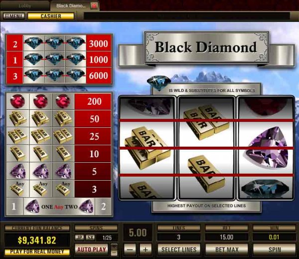 Screenshot of 3 payline Black Diamond Slots (3 reel) from Top Game