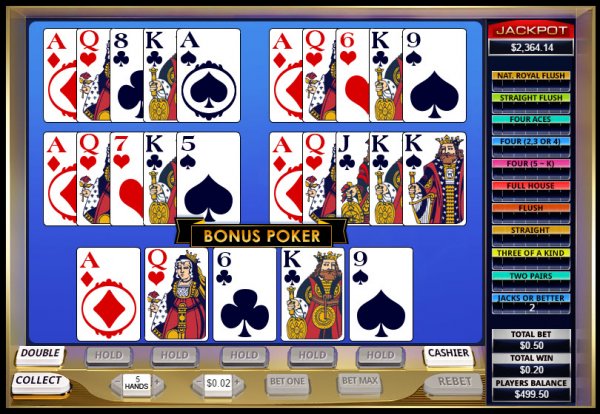 Five Hand Bonus  Cash Grab  Video Poker Game