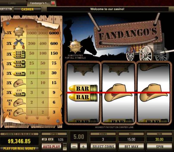 Screenshot of 1 payline Fandango's Slots (3 reels) from Top Game