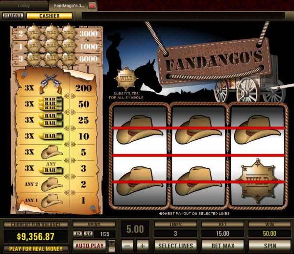 Screenshot of 3 payline Fandango's Slots (3 reels) from Top Game