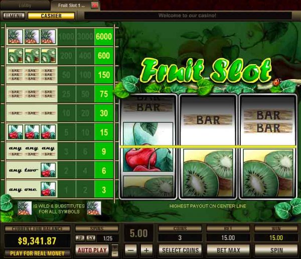 Screenshot of 1 payline Fruit Slot (3 reels) from Top Game