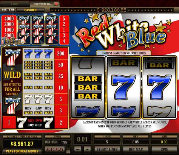 Screenshot of 5 payline Red White Blue Progressive Slots from Top Game.