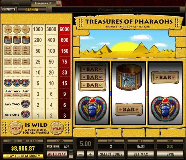 Screenshot of 1 payline Treasures of Pharaohs Slots from Top Game