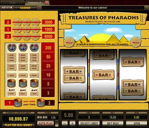 Screenshot of 3 payline Treasures of Pharaohs Slots from Top Game